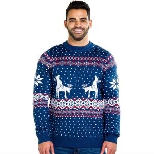 Size L Tipsy Elves Blue, Red, & White Festive Funny Novelty Reindeer Sweater